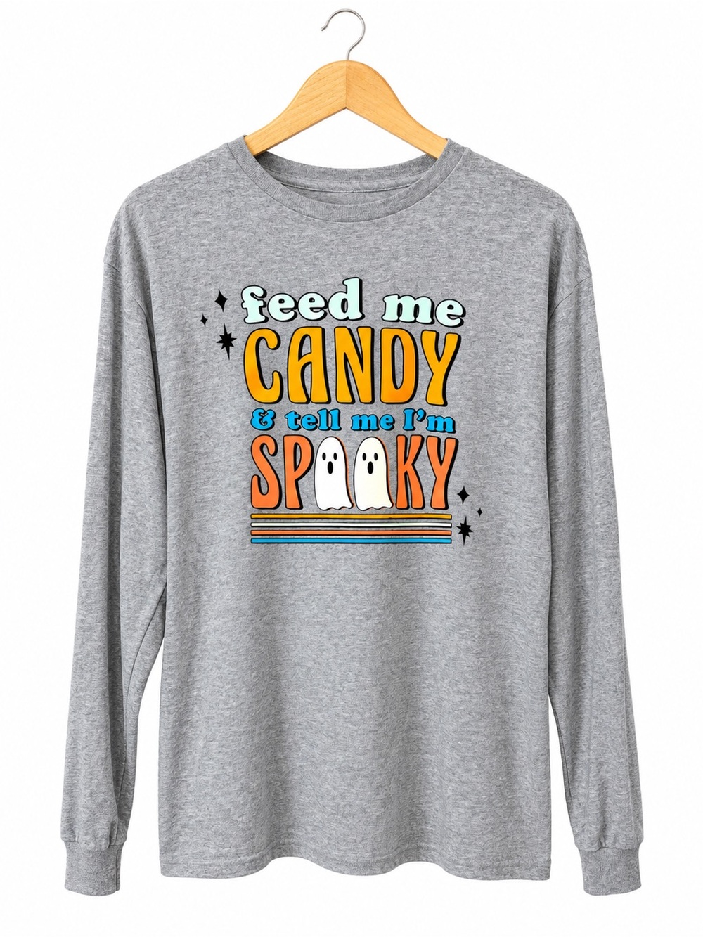 Feed Me Candy & Tell Me I'm Spooky Women’s Grey Halloween Graphic Long Sleeve